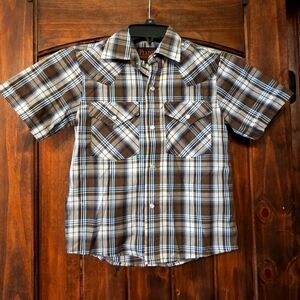 Boy's Short Sleeve Shirt - Brown and Blue Plaid